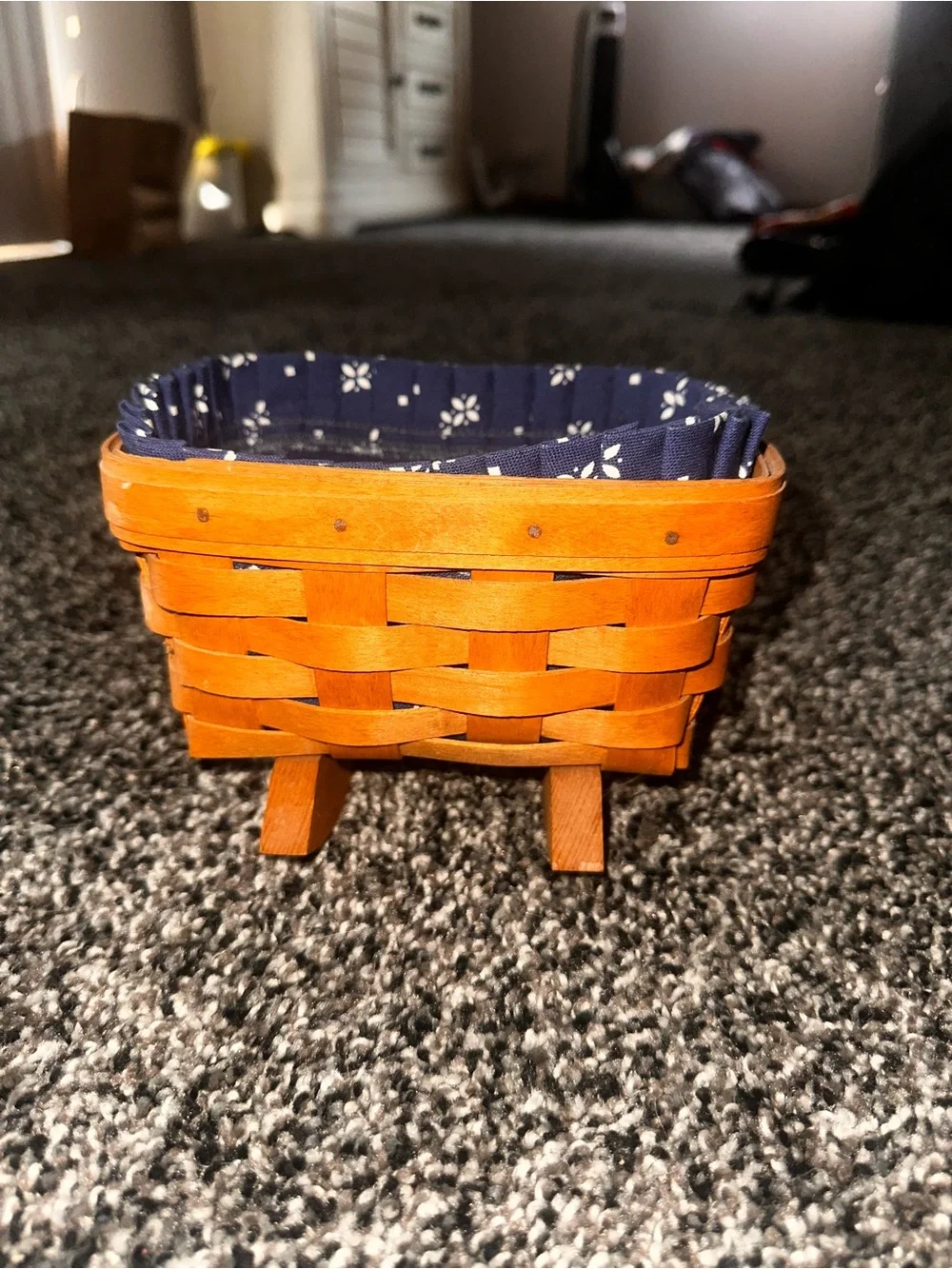 Longaberger Small Woven Basket with Navy Floral Liner
